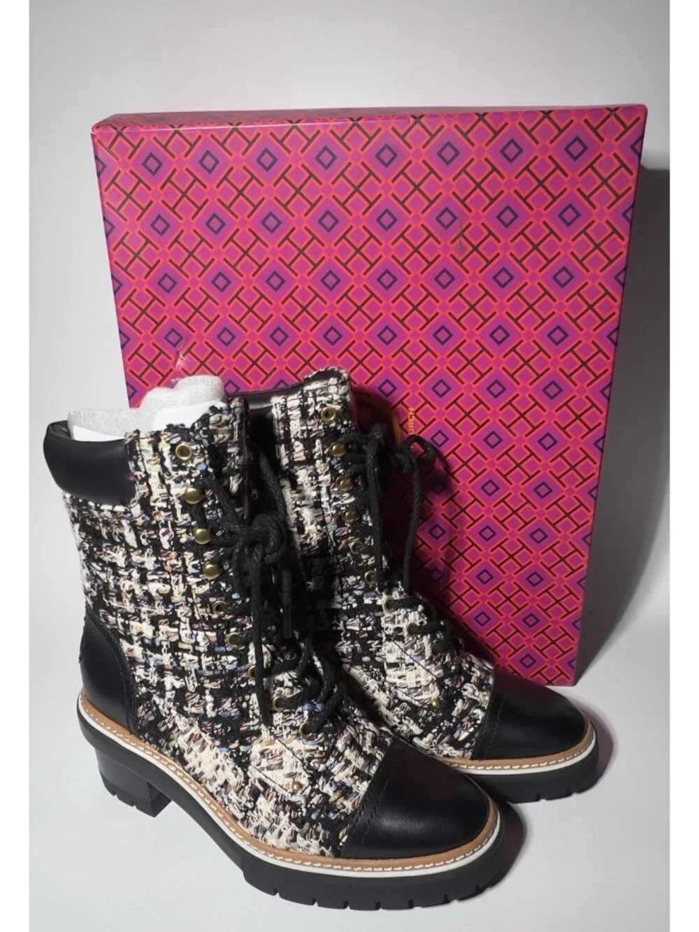 Tory Burch Tweed Leather Lace-Up Ankle Boots Women’s 7.5 New in Box